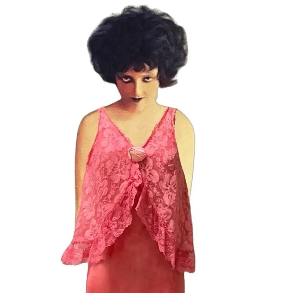 Red Lace 1960s Babydoll Cami Sleeveless Top Hand Dyed Vintage Lingerie Rosette - Picture 12 of 14
